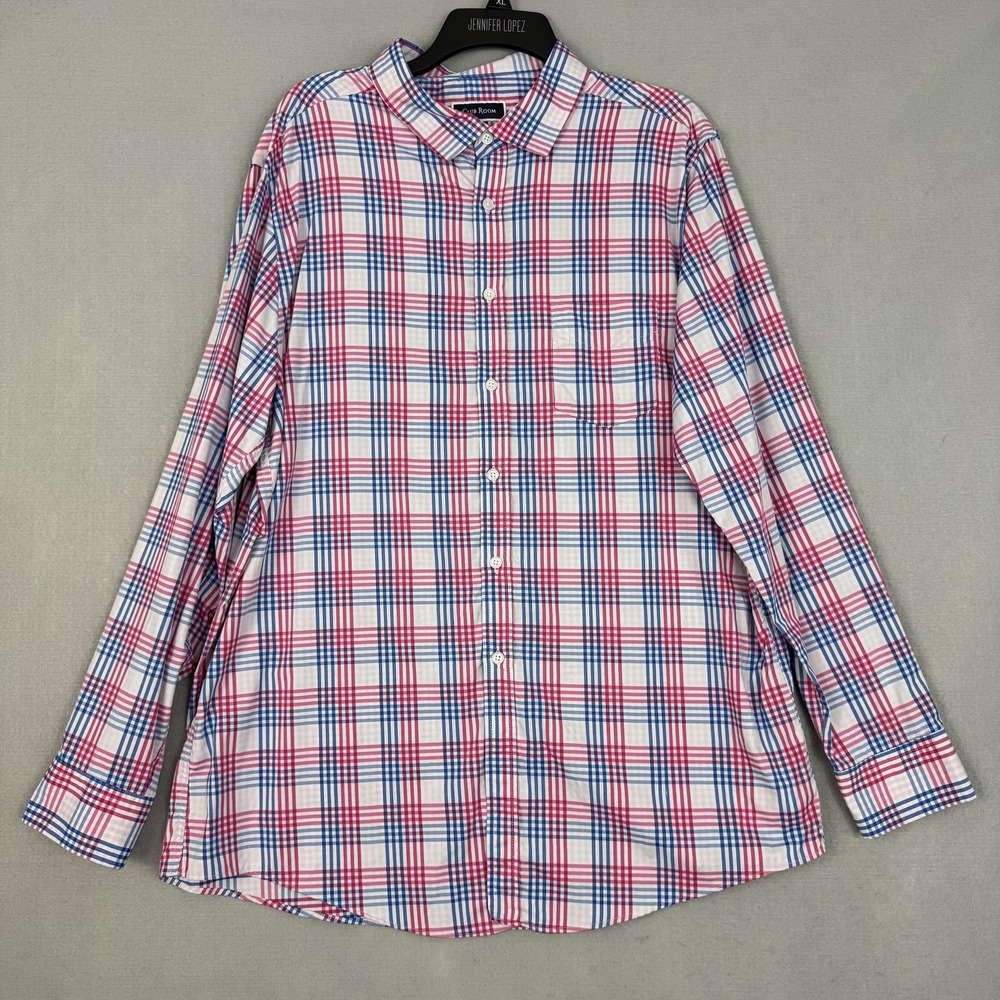 Club Room Shirt Mens 2XL Red Blue Plaid Long Sleeve Button‎ Front Casual